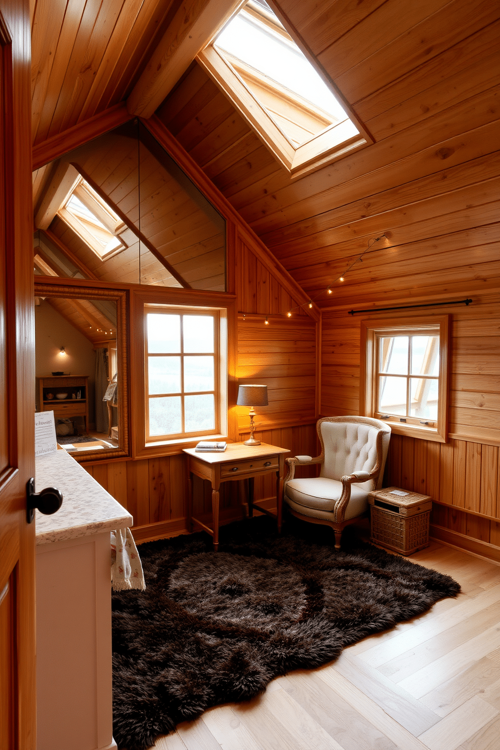 A cozy wooden attic room featuring sloped ceilings and large wooden framed mirrors that create a spacious illusion. The design includes a plush area rug, a comfortable reading nook with a vintage armchair, and soft ambient lighting to enhance the warm wood tones. The walls are adorned with natural wood paneling, and the floor is finished with light oak planks. A small wooden desk sits by a window, providing a perfect workspace with views of the surrounding landscape.