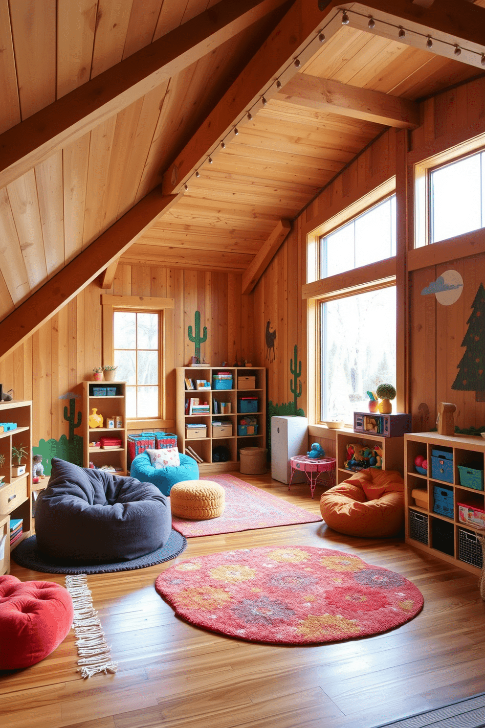 A cozy wooden play area for kids in the attic features warm, natural wood beams and flooring, creating an inviting atmosphere. Soft, colorful rugs are scattered across the floor, while plush seating and bean bags provide comfortable spots for play and relaxation. The walls are adorned with playful, whimsical murals that inspire creativity, and large windows allow ample natural light to fill the space. Shelves filled with toys and books are easily accessible, promoting an organized yet fun environment for children to explore and enjoy.