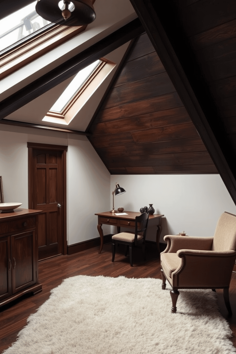 A cozy attic room featuring dark wood accents that create a dramatic contrast against the soft, neutral walls. The space is adorned with a plush area rug and a vintage armchair, inviting relaxation and comfort. Large skylights allow natural light to flood the room, highlighting the rich textures of the wooden beams. A stylish wooden desk sits in one corner, paired with an elegant task lamp to enhance the workspace.