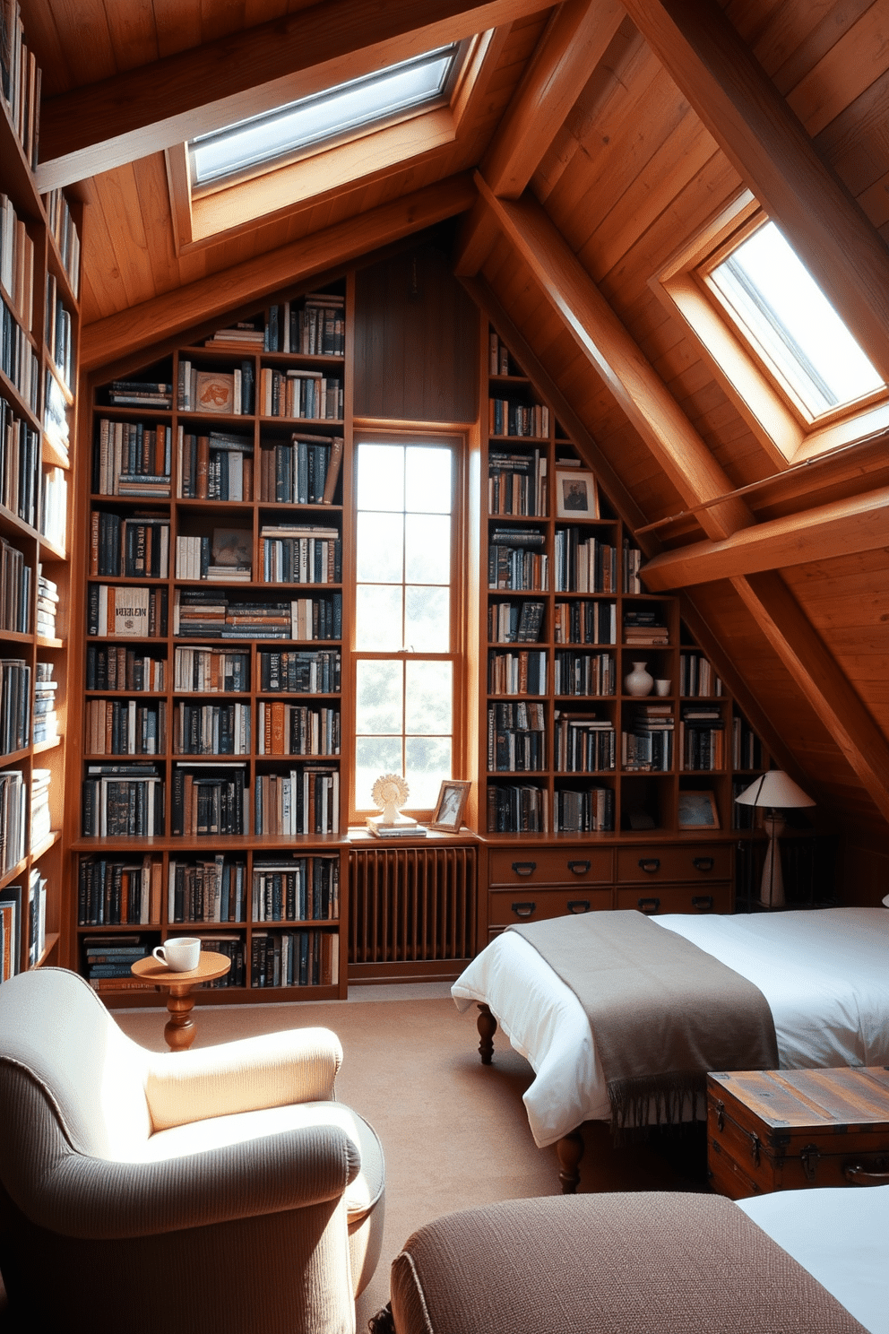 A cozy library space featuring tall wooden bookcases that reach the ceiling, filled with an eclectic mix of books and decorative items. A plush, deep-seated armchair sits in the corner, accompanied by a small side table holding a steaming cup of coffee. An inviting attic room designed with exposed wooden beams and warm, natural light streaming through skylights. The space includes a comfortable bed with soft linens, a vintage trunk at the foot, and a reading nook with a small bookshelf and a cushioned window seat.