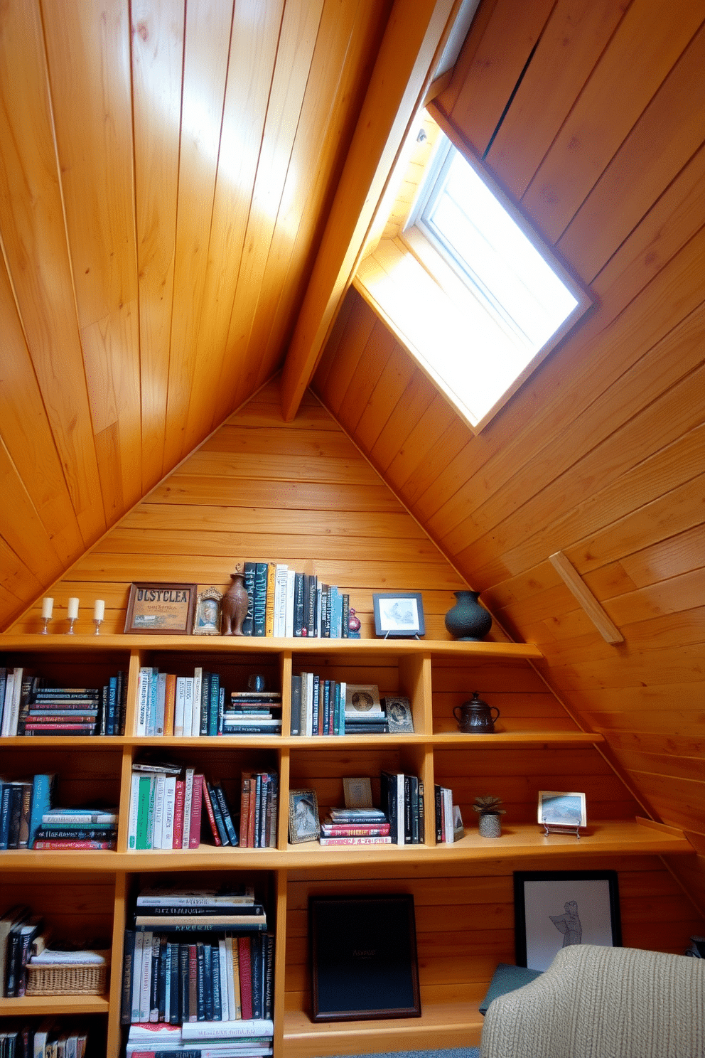 A cozy wooden attic room features open shelving with rustic wooden brackets, showcasing an array of books and decorative items. The sloped ceiling is adorned with warm wood paneling, creating an inviting atmosphere filled with natural light from a skylight.