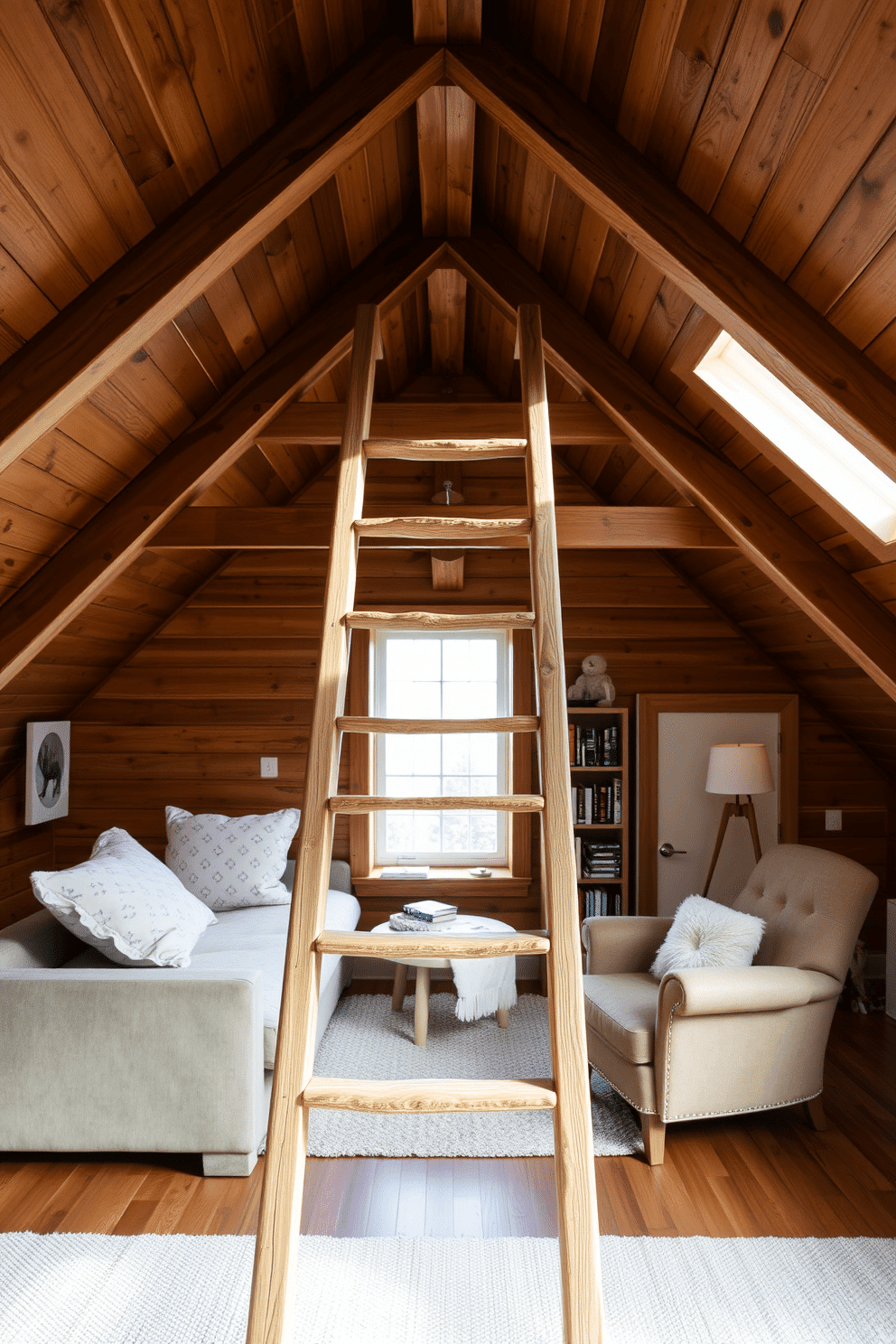 A cozy wooden attic room features a rustic wooden ladder leading up to the attic space, showcasing its sturdy craftsmanship. The room is adorned with warm wooden beams, soft lighting, and plush seating, creating an inviting atmosphere. The design incorporates a comfortable reading nook by the window, complete with a plush armchair and a small bookshelf filled with favorite novels. Natural light floods the space, highlighting the rich textures of the wooden walls and the soft, neutral color palette.