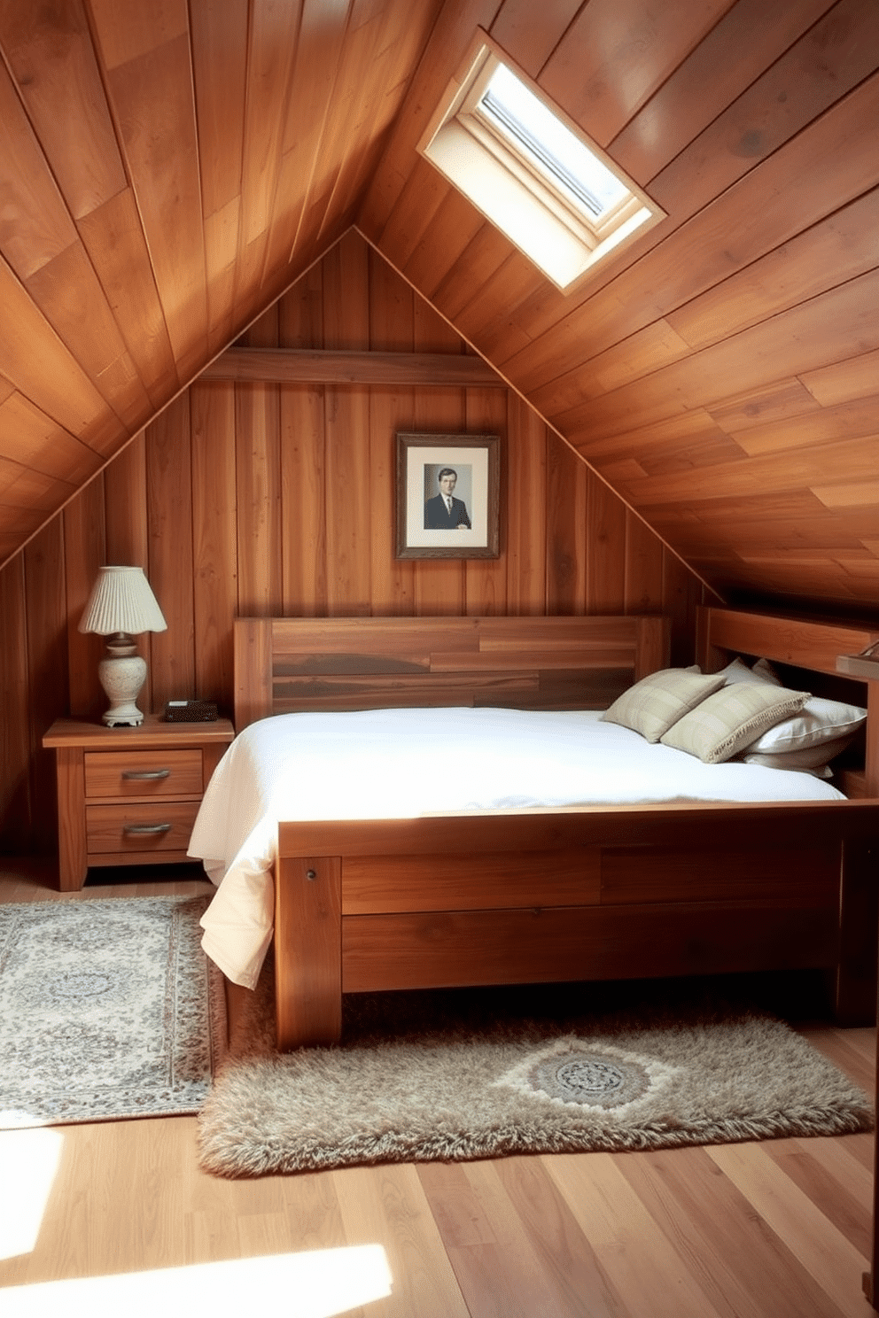 A cozy attic room designed with reclaimed wood furniture, featuring a rustic bed frame and a matching nightstand. Natural light pours in through a skylight, illuminating the warm tones of the wood and creating an inviting atmosphere. The walls are adorned with wooden paneling, and a plush area rug adds comfort underfoot. Vintage decor items, like an antique lamp and framed artwork, enhance the sustainable aesthetic while adding character to the space.