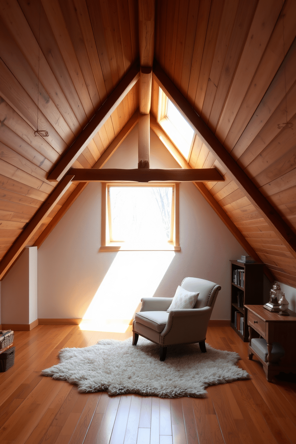 A cozy wooden attic room with a pine wood ceiling that creates a warm and inviting atmosphere. The space features rustic wooden beams and a large skylight that floods the room with natural light, enhancing the earthy tones of the decor. The walls are adorned with soft, neutral colors, complementing the warm hues of the pine. A plush area rug lies on the hardwood floor, adding comfort, while a vintage armchair and a small bookshelf create a perfect reading nook.