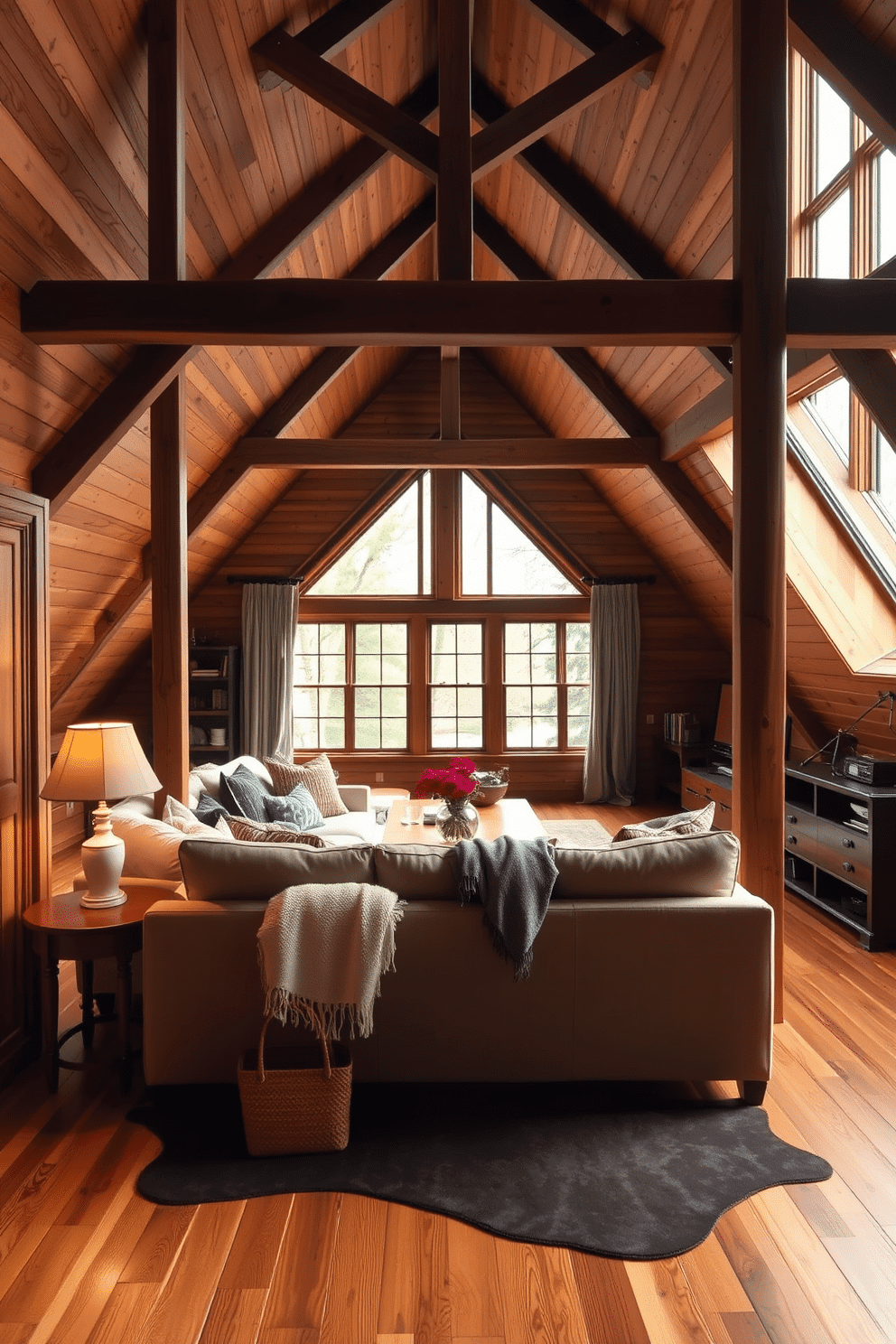 Natural wood flooring creates a warm and inviting atmosphere, enhancing the overall elegance of the space. The rich tones of the wood complement various design styles, from rustic to modern. In the wooden attic room, exposed beams add character and charm, while large windows bring in natural light. Cozy furnishings and soft textiles create a comfortable retreat, perfect for relaxation or creative pursuits.