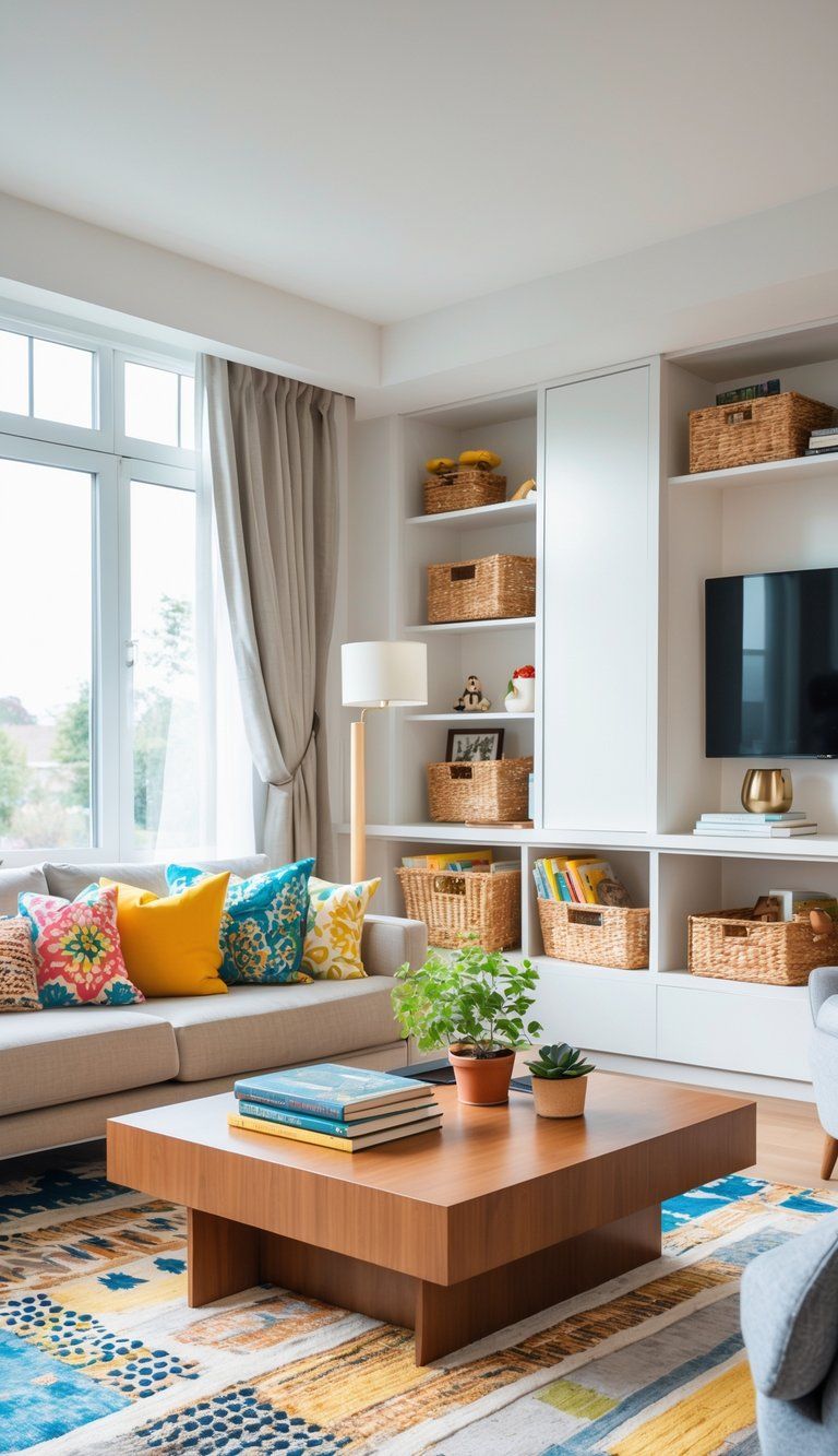 A bright living room with a sofa, coffee table, shelves, and a reading nook illuminated by natural light.