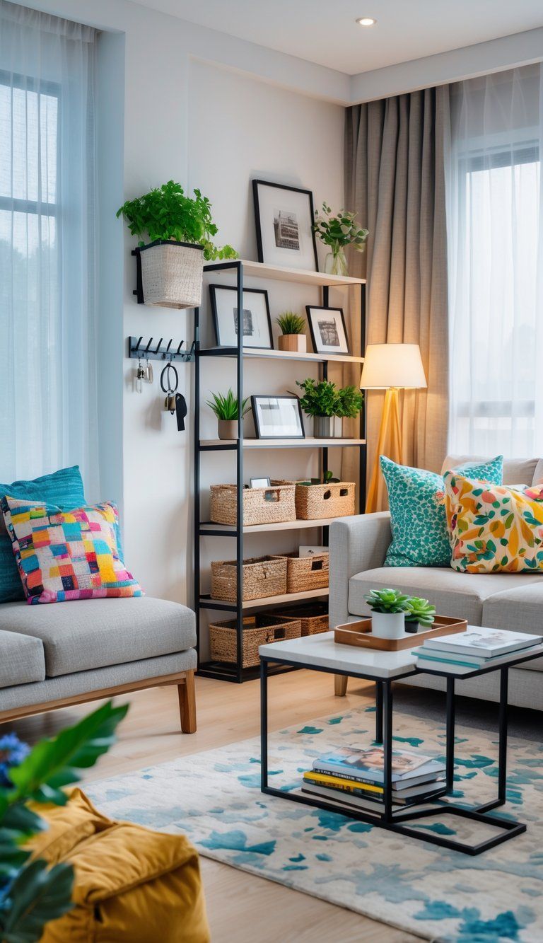 A modern living room with a sofa, coffee table, bookshelf, plants, and wall organizer, showing a blend of decorative and functional home elements.