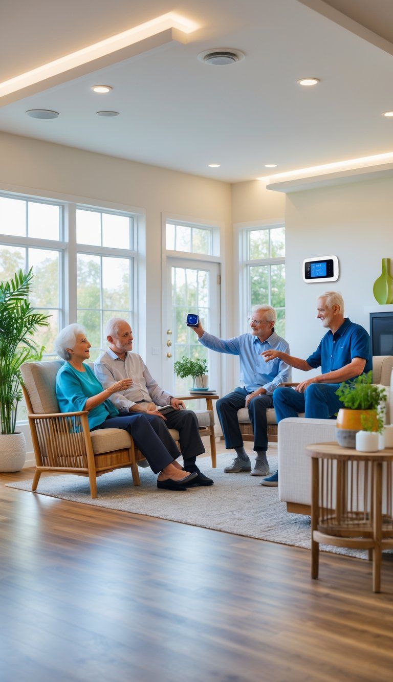 An elderly couple and a younger adult in a bright living room with large windows, smart home devices, and accessible furniture designed for comfort and energy efficiency.