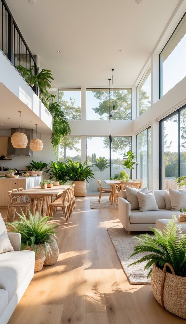 A bright open home interior with connected living, dining, and kitchen areas featuring wooden floors, indoor plants, and natural light.