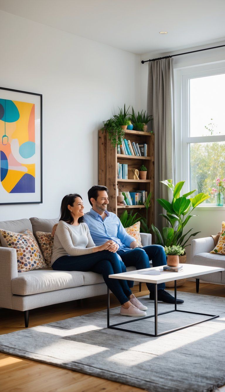 A couple sitting together on a sofa in a living room that blends different interior styles, smiling and enjoying each other's company.