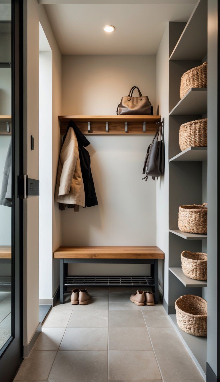 A small entryway with a wooden bench, metal shoe rack, wall hooks holding coats, and a shelf with storage baskets.