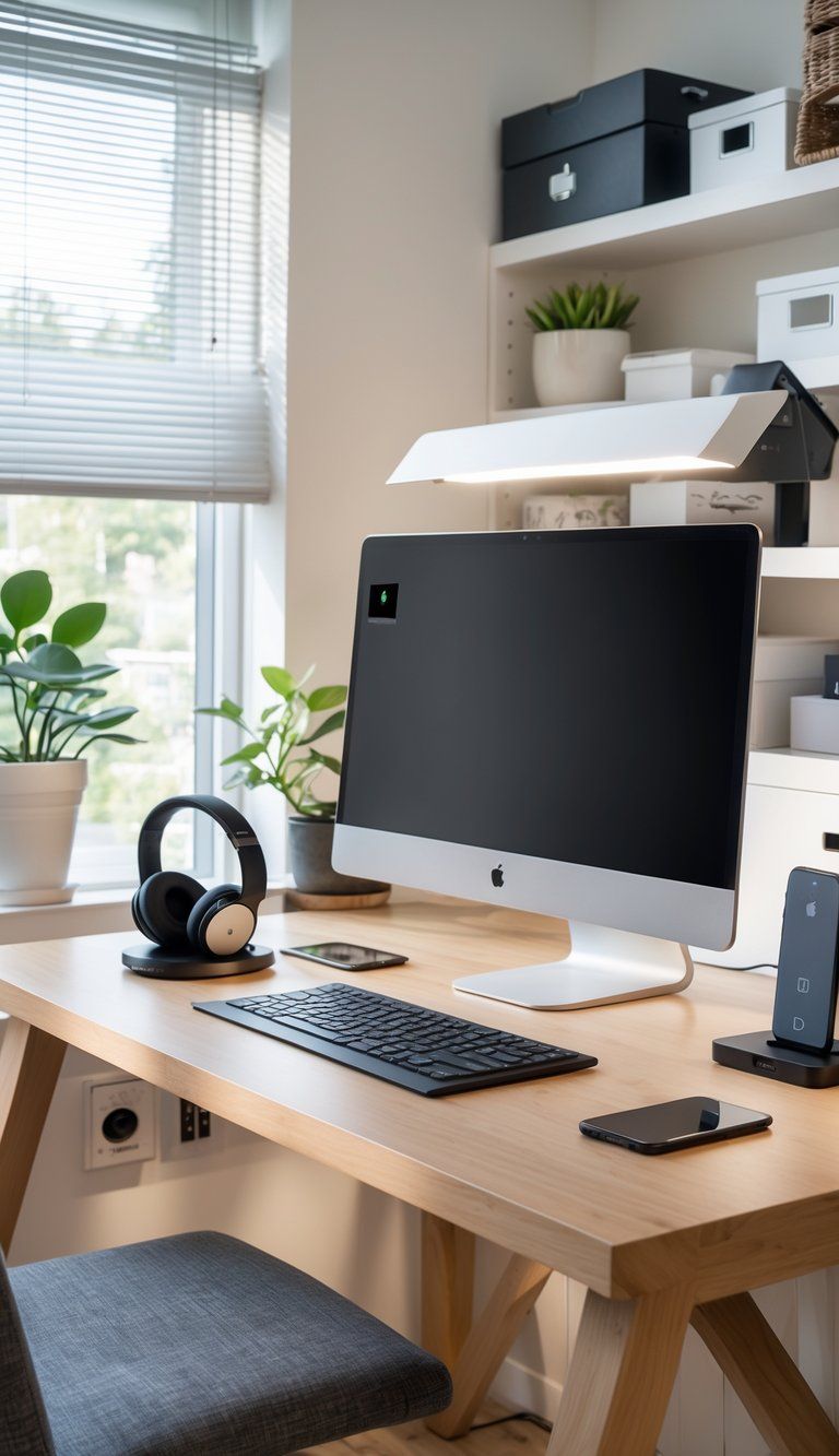 A modern home office with a desk holding a monitor, laptop, smartphone, headphones, and a plant near a window.