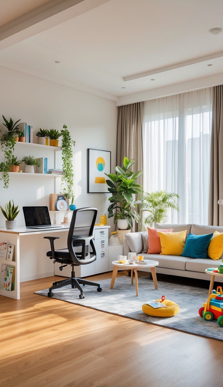 A bright room with a home office setup, a cozy lounge area, and a small play corner, all arranged in one inviting space.