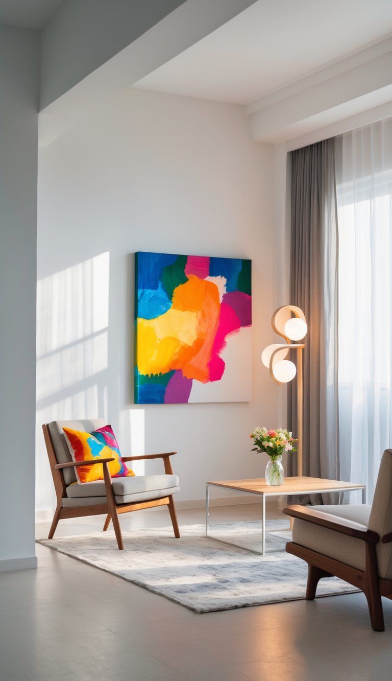 A modern living room with a colorful painting, armchair with a bright pillow, floor lamp, coffee table with flowers, and natural light coming through sheer curtains.