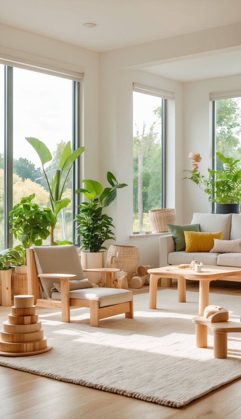 A bright family living room with natural wood furniture, green plants, and subtle kid-friendly elements like wooden toys and a soft rug.