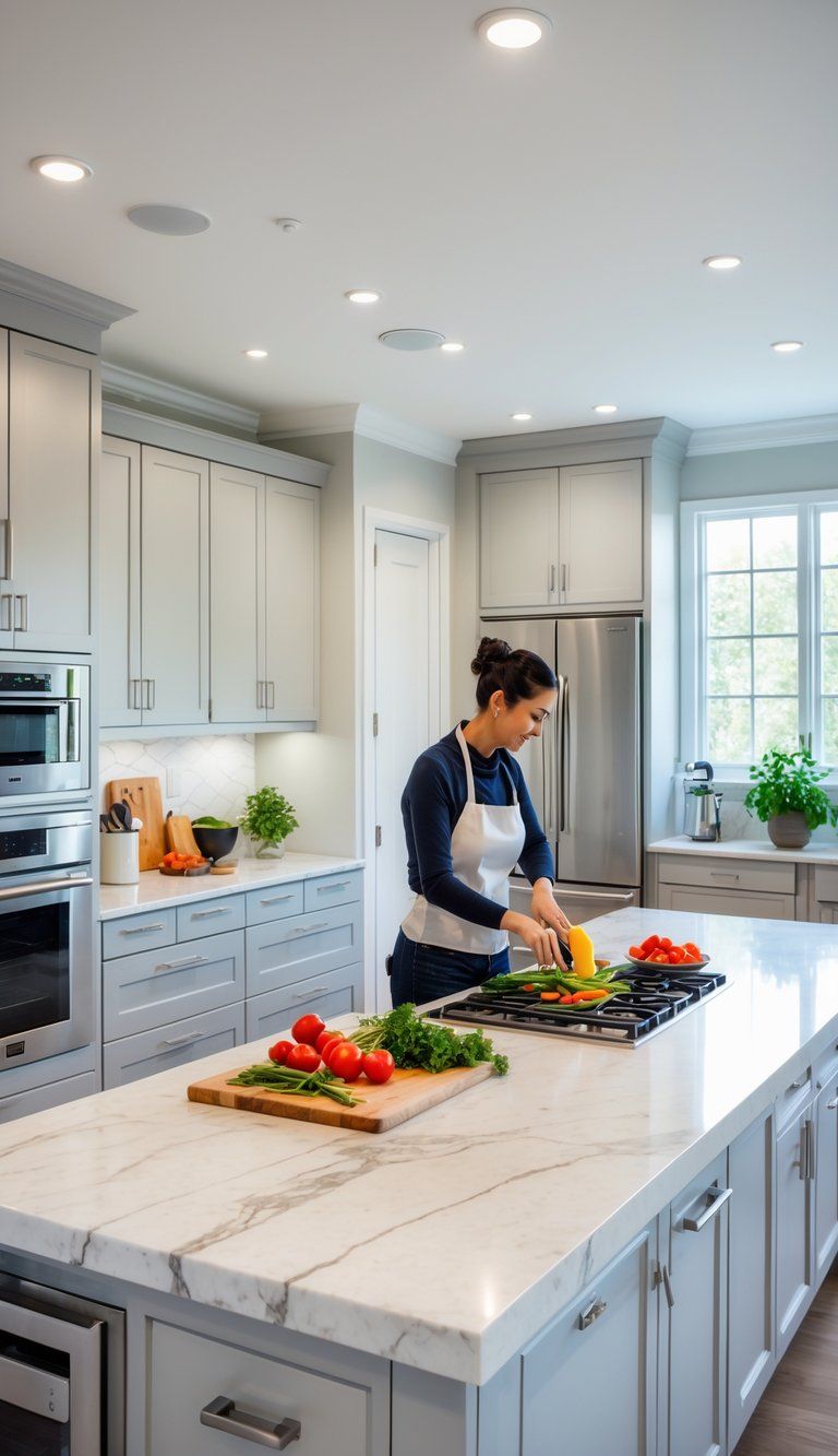 A person chopping vegetables on a kitchen island in a bright, organized kitchen with modern appliances and natural light.