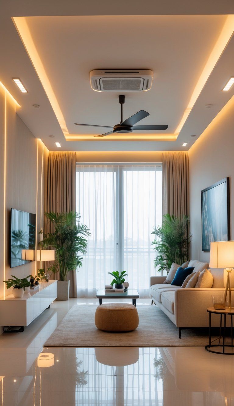 A well-lit modern living room with natural and artificial lighting highlighting furniture and decor.