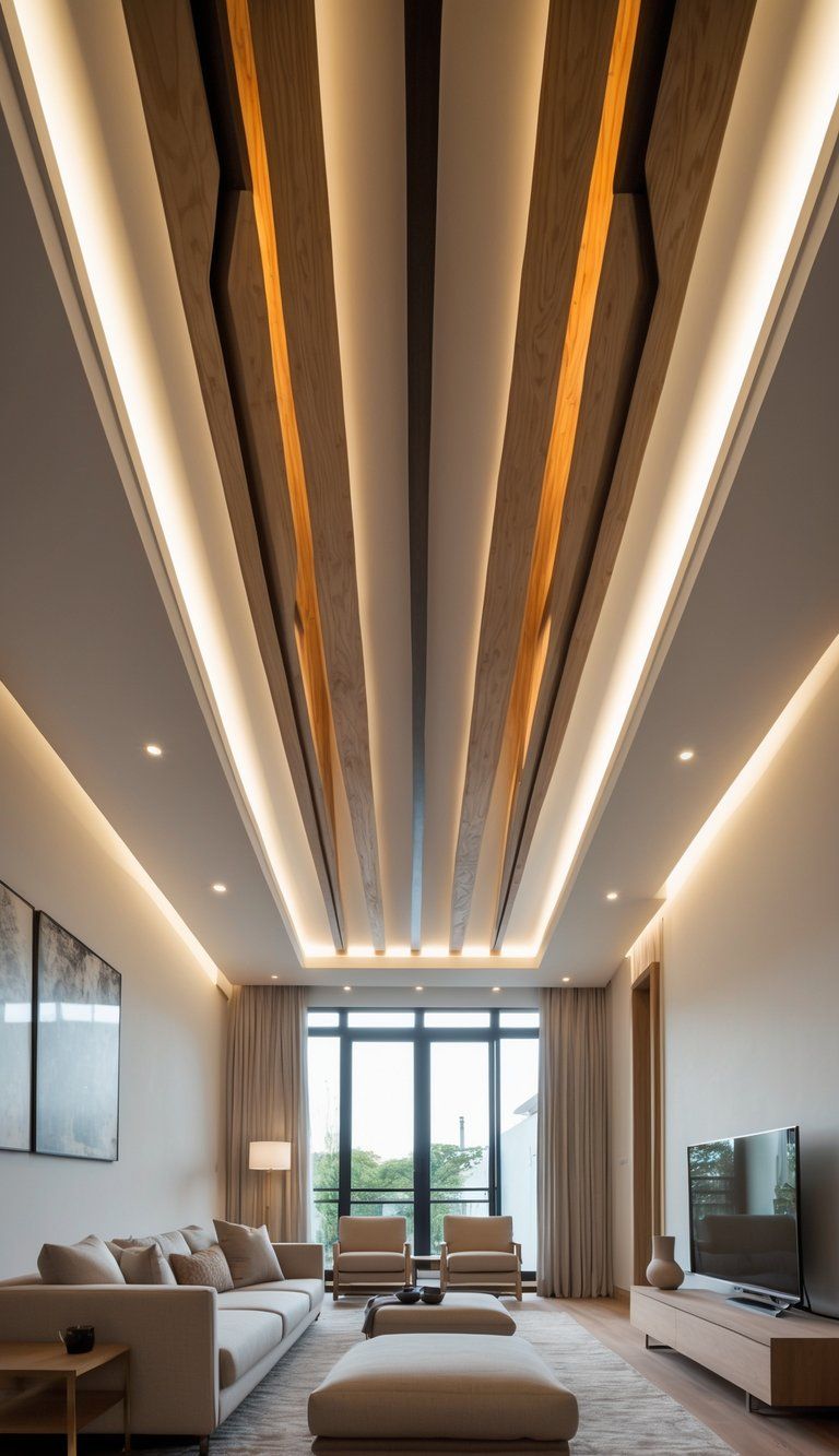 A living room with a low ceiling featuring wooden beams and recessed lighting, brightened by natural light from a large window.