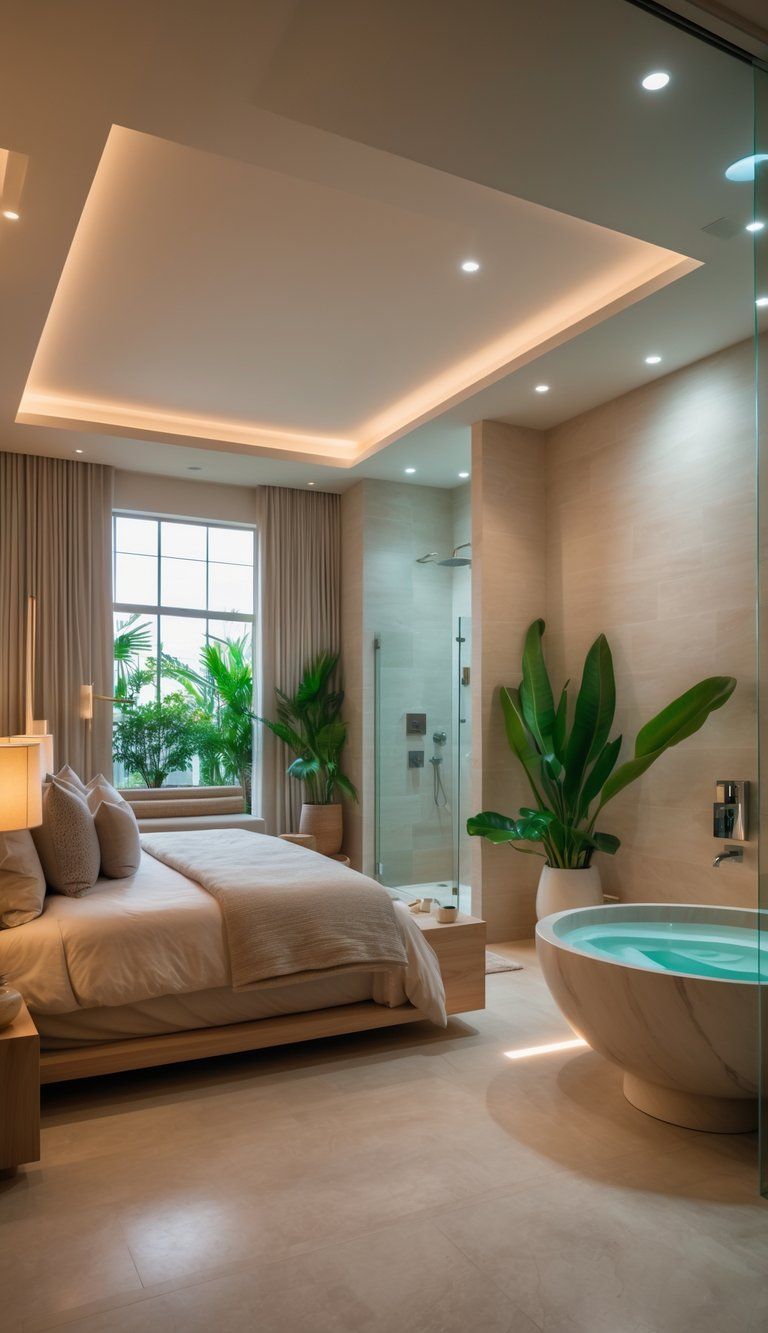 A master bedroom with a large bed next to a bathroom featuring a freestanding tub, walk-in shower, and plants.