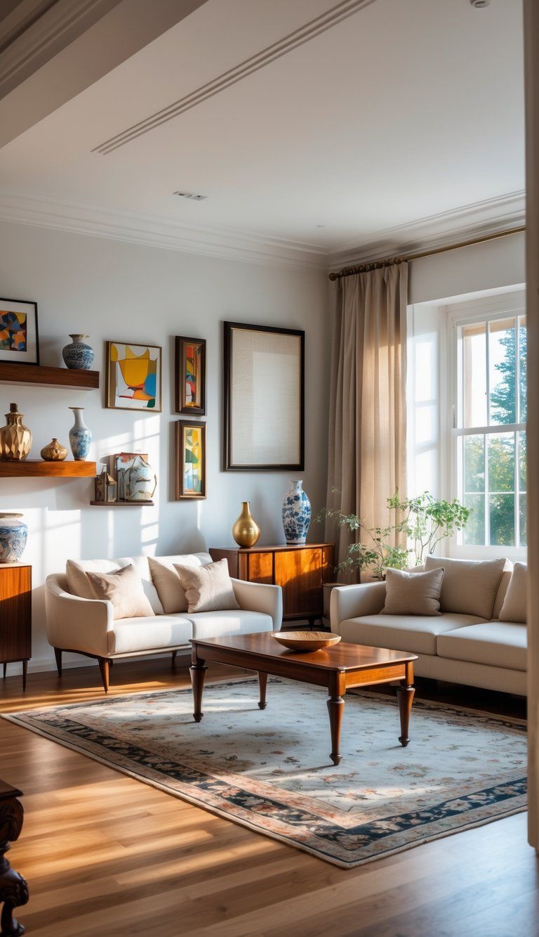 A living room combining modern furniture and traditional wooden accents with natural light coming through large windows.