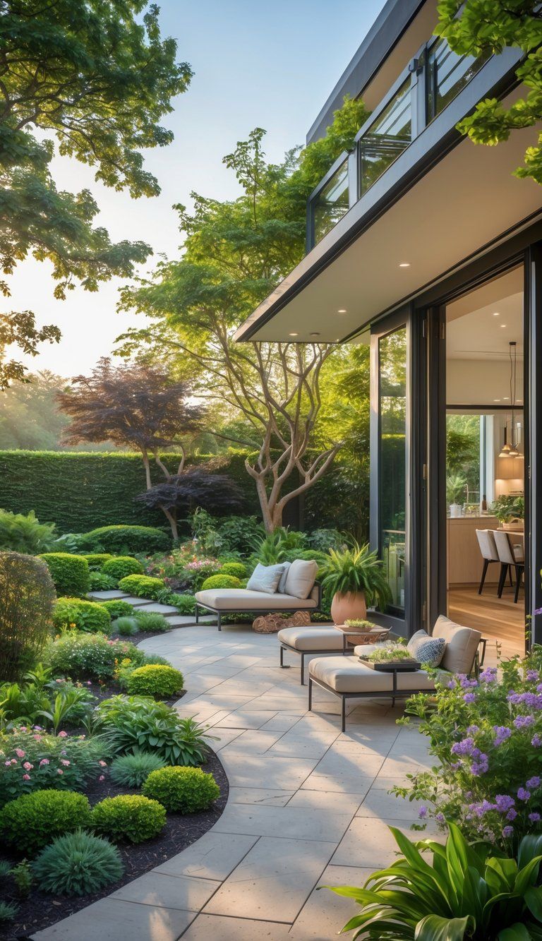 An outdoor patio with comfortable seating surrounded by green plants and trees, connected to a modern house with large glass doors open to the garden.