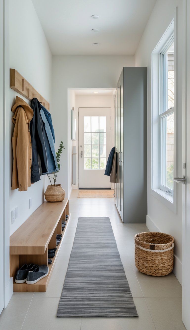 A tidy and organized hallway entryway with a bench, shoe storage, coat rack, and a storage cabinet.