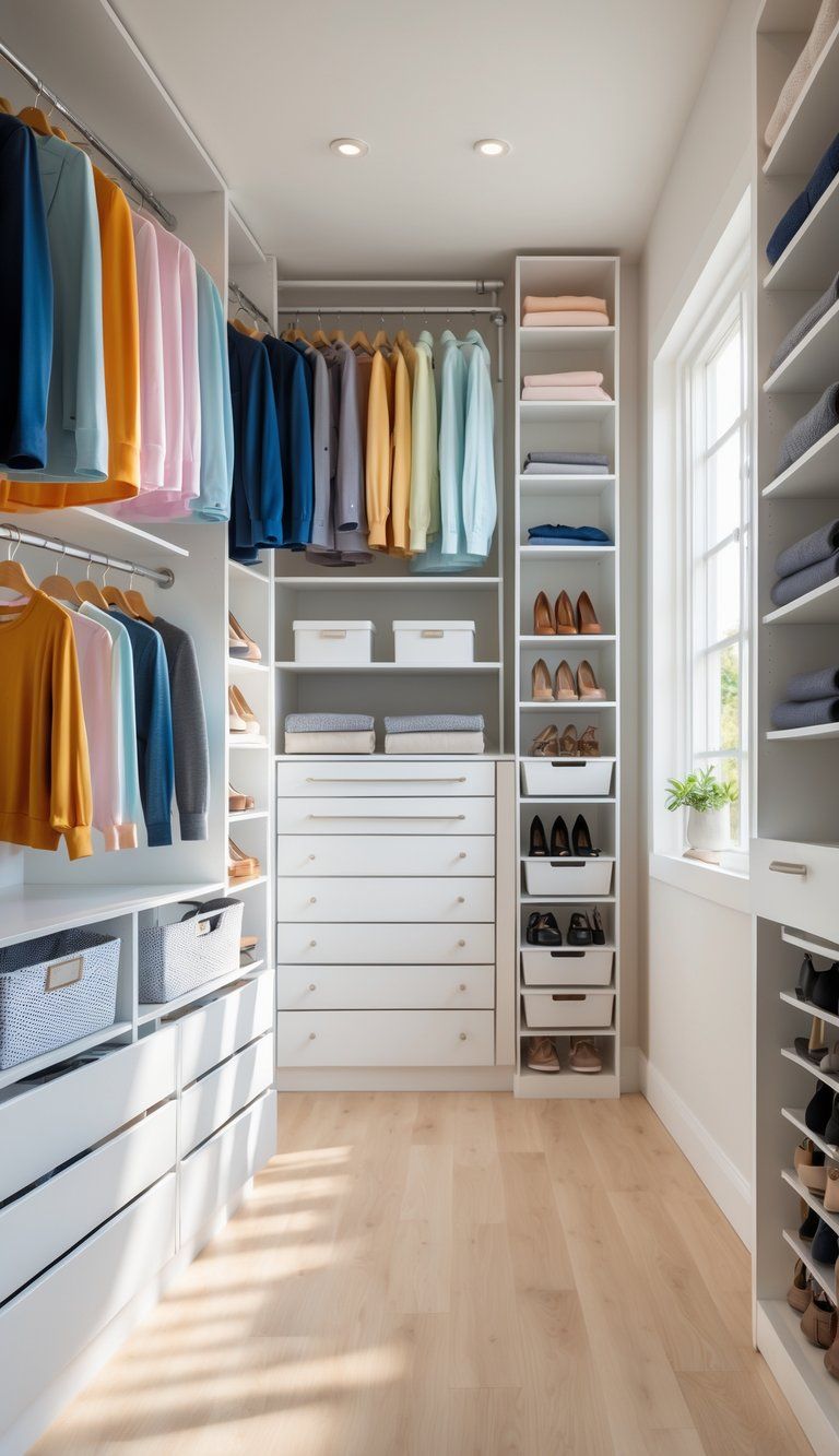 A clean and organized walk-in closet with clothes hanging, folded items on shelves, shoes neatly arranged, and storage boxes.