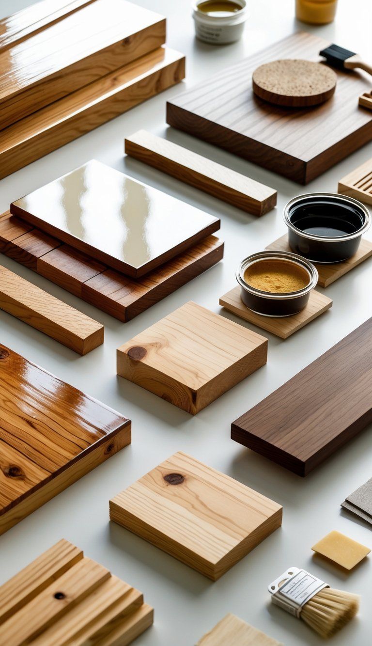 A workspace displaying various wooden samples with different finishes and tools used for wood finishing.