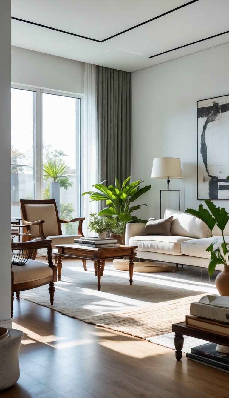 A living room with a mix of old and new furniture, including a modern sofa, vintage armchair, and antique coffee table, illuminated by natural light.