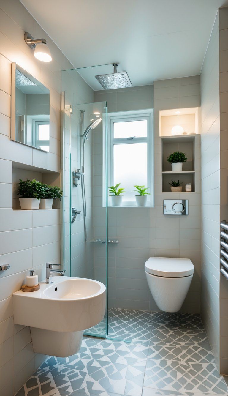 A small bathroom with a corner sink, compact toilet, walk-in shower, built-in shelves, and natural light coming through a window.