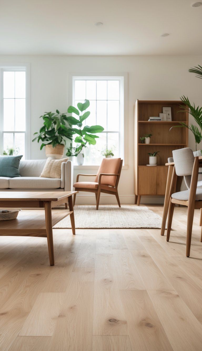 A living room with newly installed light oak hardwood floors and various wooden furniture pieces in different wood tones arranged around the space.