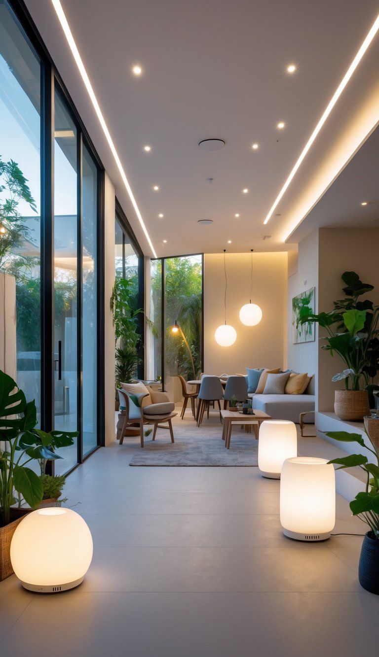 A modern living room with natural and LED lighting, eco-friendly furniture, green plants, and adjacent rooms showing various efficient lighting fixtures.