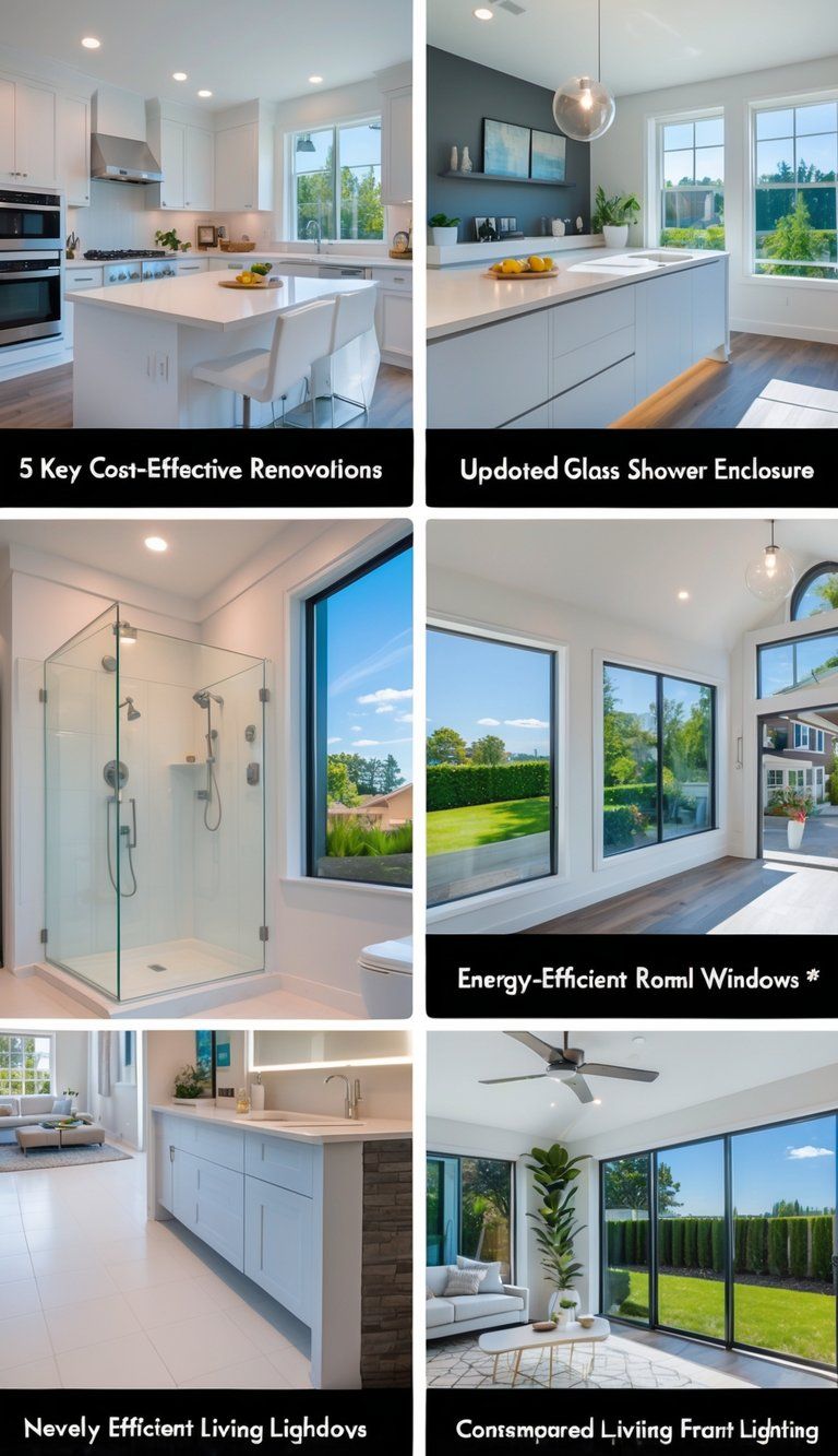 A modern home interior showing a renovated kitchen, bathroom, living room, and a landscaped front yard visible through windows.