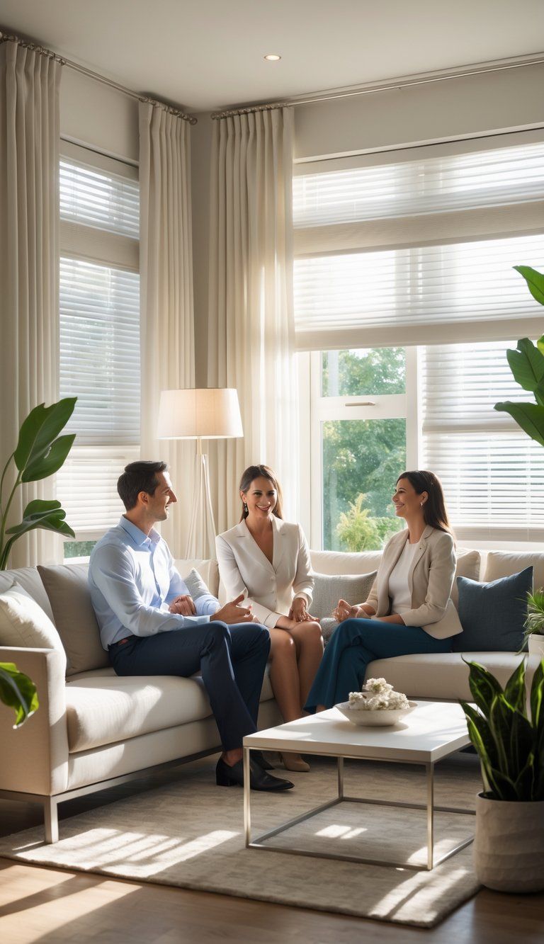 A professional consultant talks with a couple in a bright living room with sunlight coming through stylish window treatments.