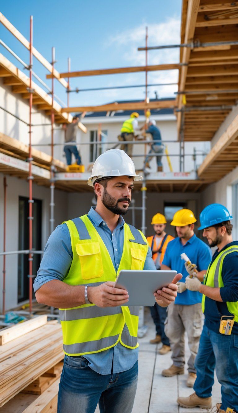 A project manager reviews plans with contractors at a busy home renovation construction site.