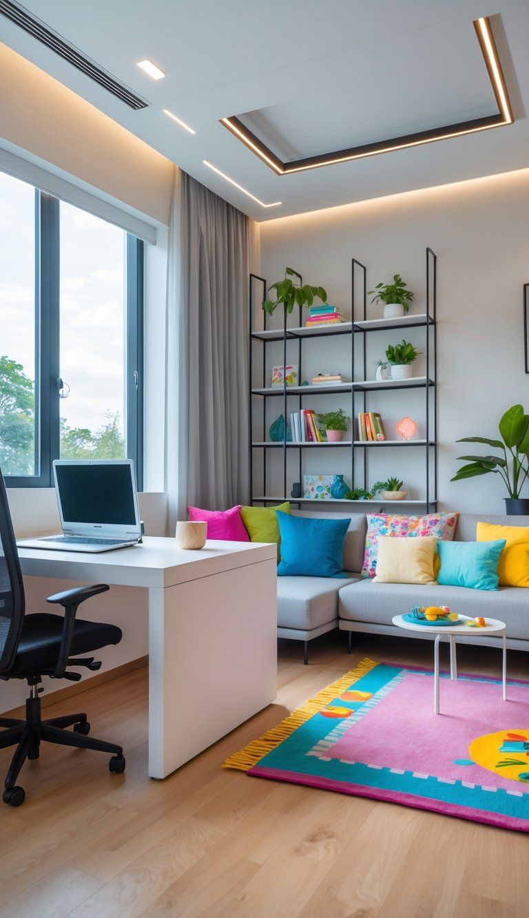 A bright room with a home office setup, a comfortable lounge area, and a small play corner, designed for work, relaxation, and play.