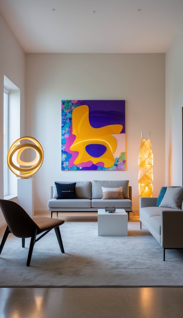 A modern living room with neutral walls featuring a large abstract sculpture, vibrant wall art, and a geometric floor lamp as unique focal points.