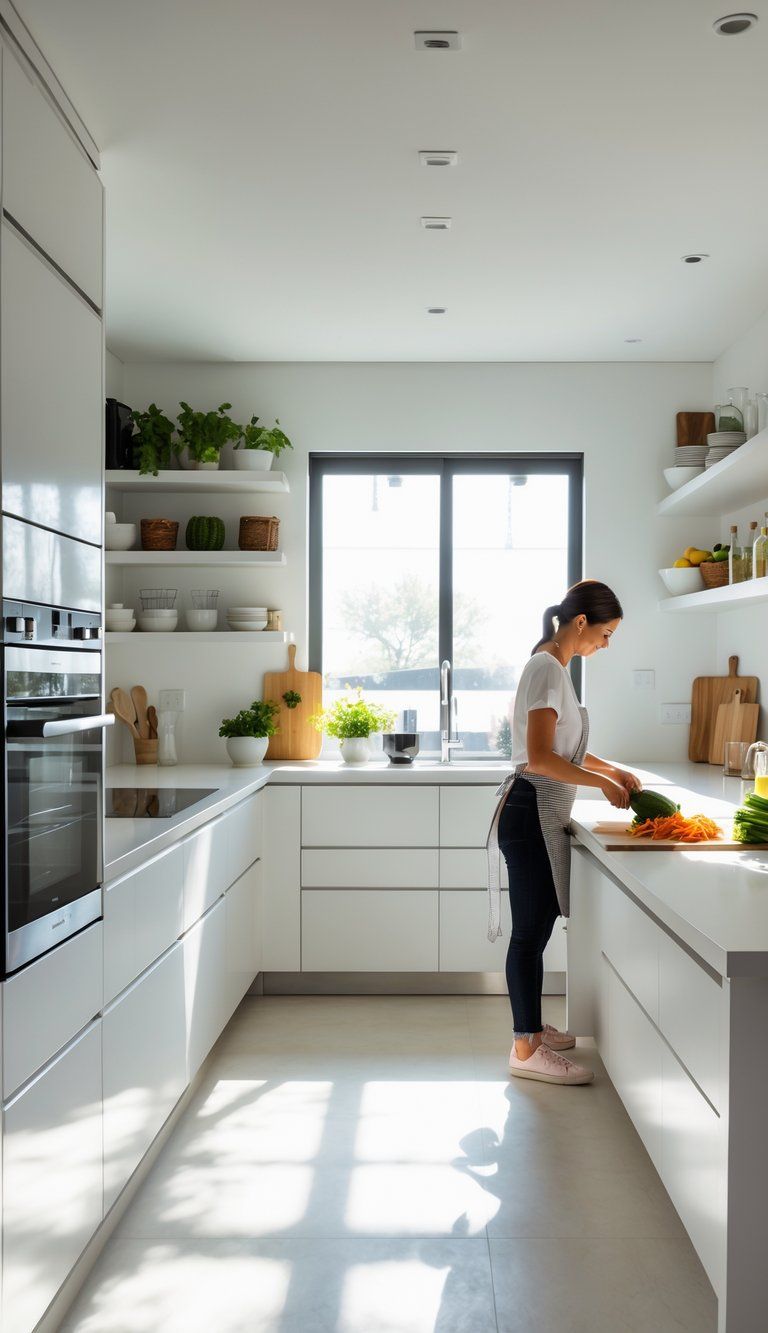 A person preparing food in a bright, modern kitchen with an island, appliances, and organized shelves.