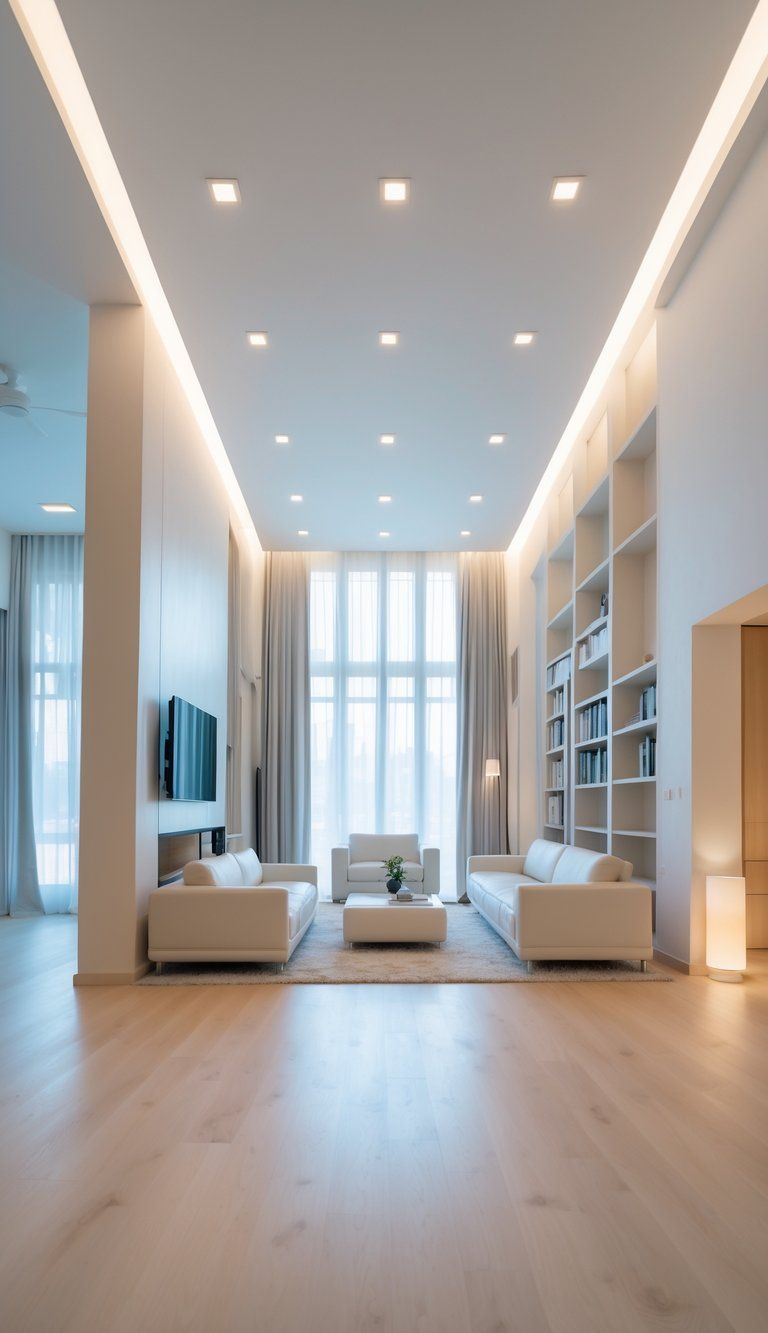A bright living room with a low ceiling that feels spacious due to tall windows, vertical shelves, light walls, recessed lighting, and mirrors.