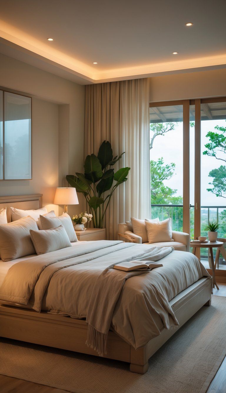 A peaceful master bedroom with a large bed, soft lighting, plants, and a cozy reading nook by a window.
