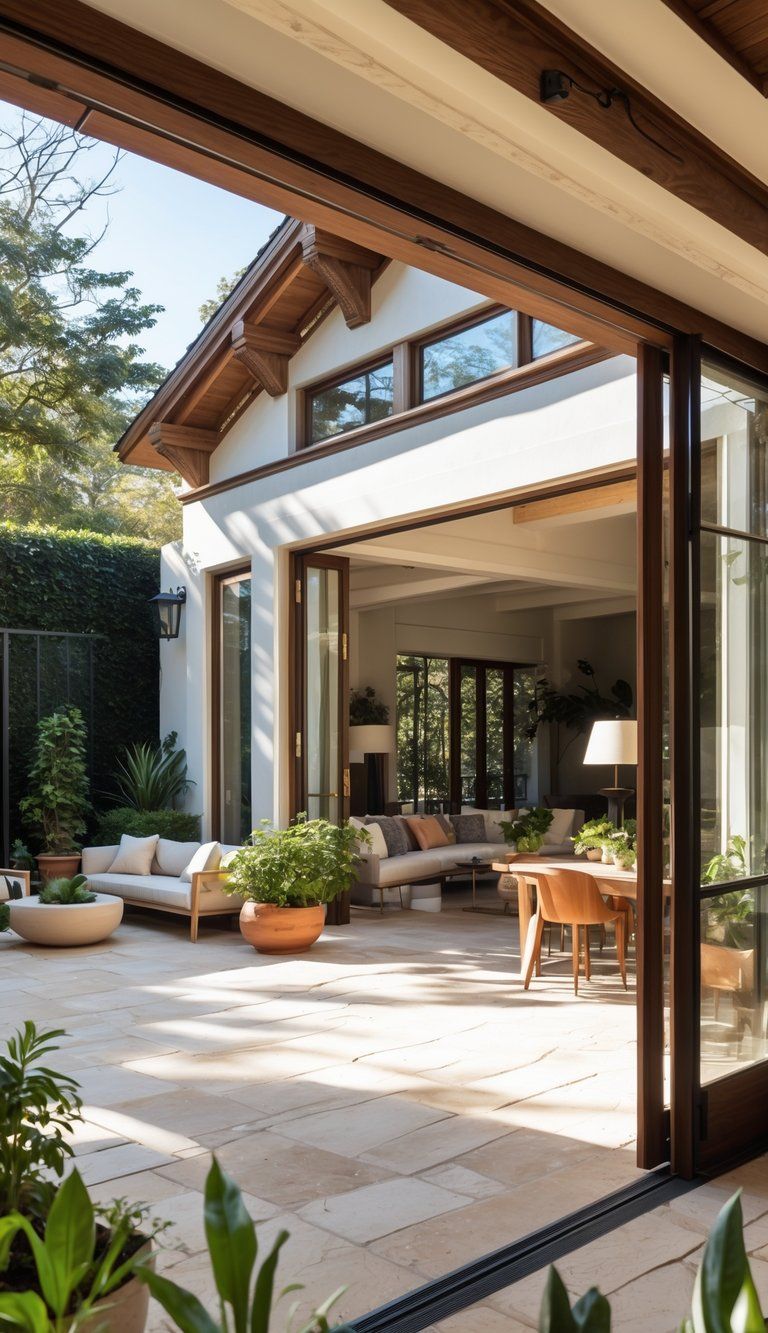 A bright living room with large glass doors open to a garden patio featuring comfortable seating and plants.