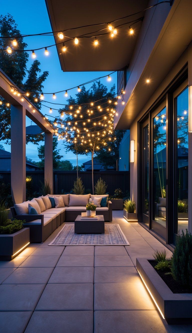 An outdoor living space connected to a modern home with comfortable seating and warm decorative lighting creating a cozy atmosphere at dusk.