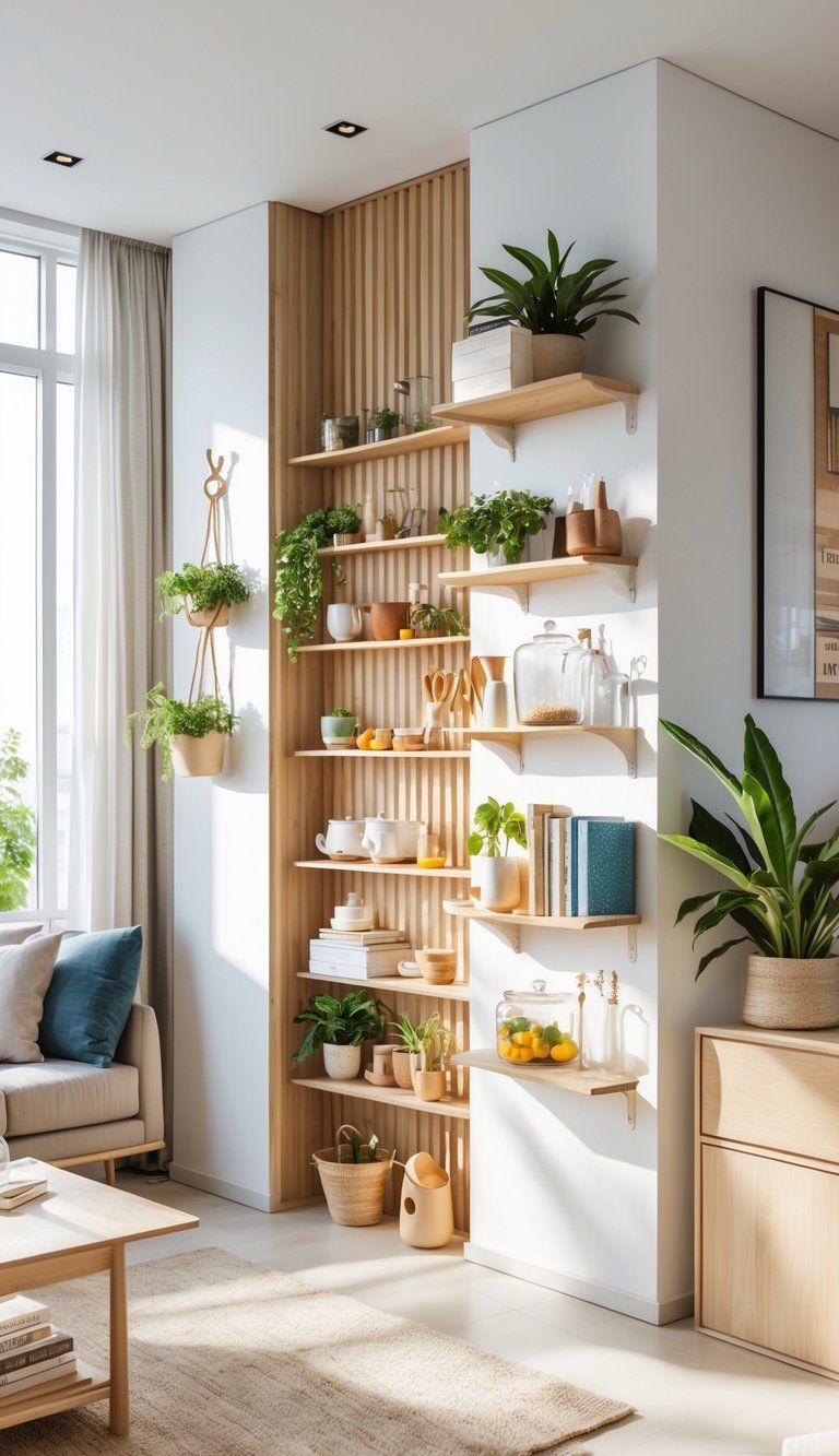 A bright home interior with tall shelves and wall-mounted storage neatly organizing household items like books, plants, and kitchenware.