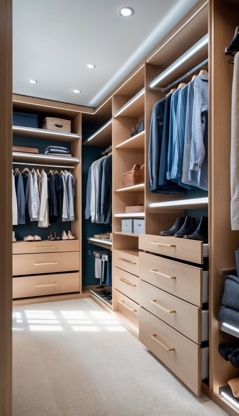 A spacious walk-in closet with organized shelves, drawers, hanging clothes, and shoes, illuminated by natural and LED lighting.