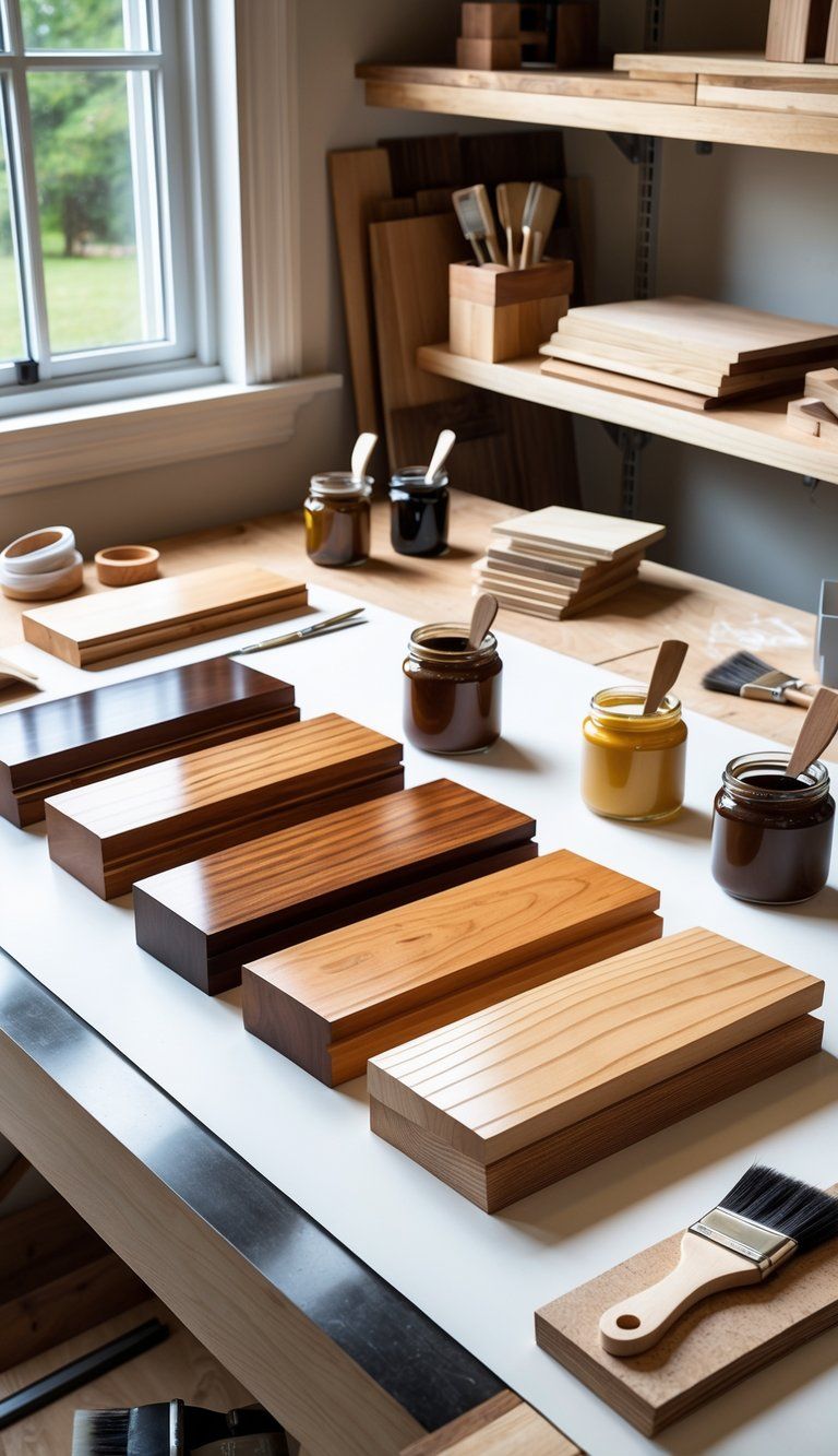 A woodworking workspace with wooden samples showing different finishes, brushes, and jars of wood finishes on a workbench.