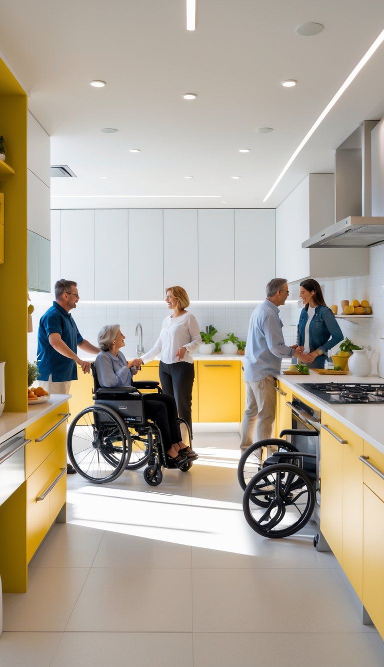 A modern kitchen with spacious layout, accessible features, and people using the space comfortably, including a person in a wheelchair.