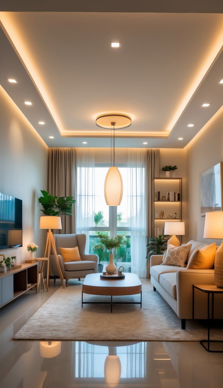 A modern living room with multiple lighting fixtures including ceiling lights, a floor lamp, pendant light, and table lamps illuminating the space.