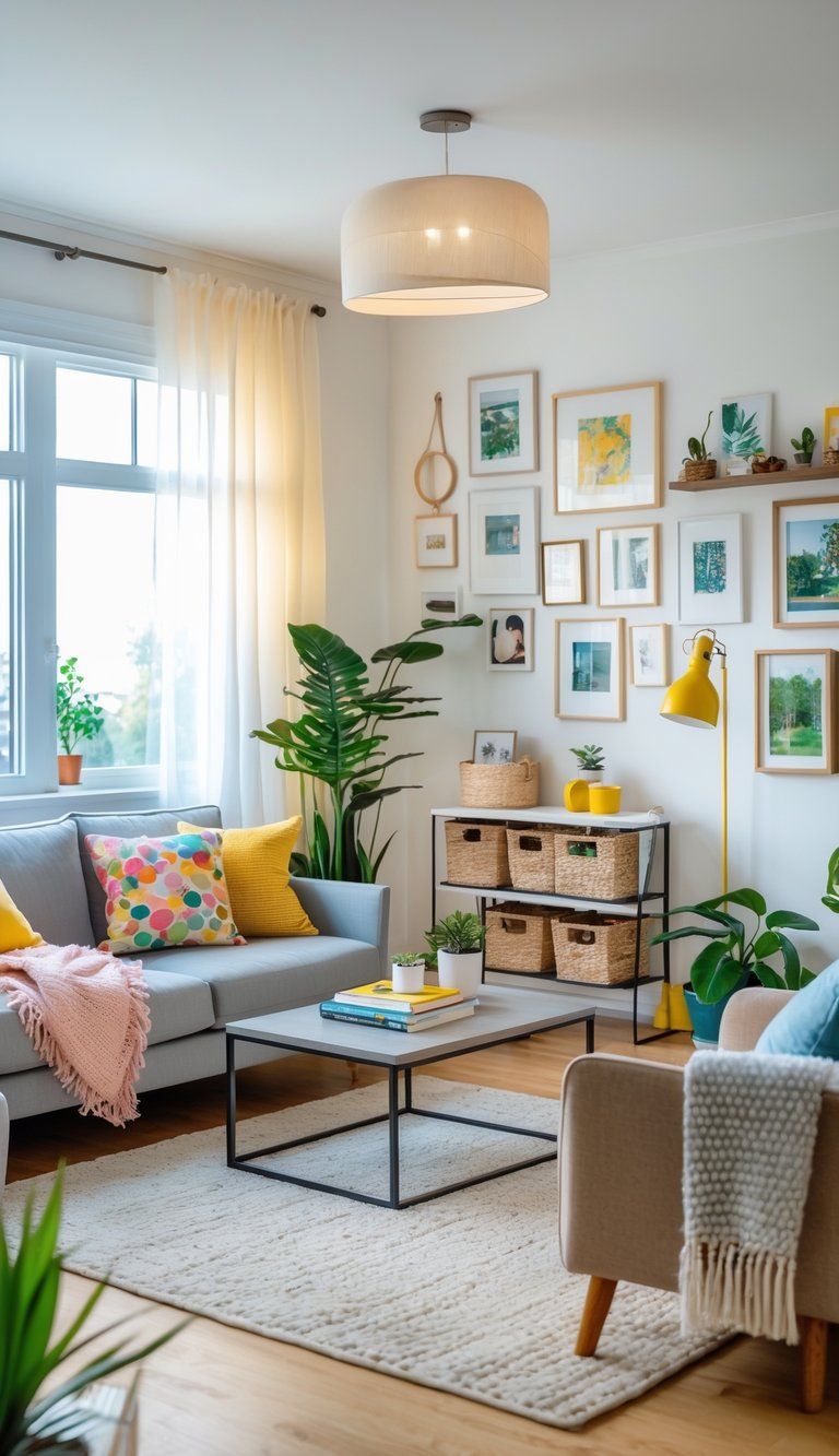 A bright living room with a sofa, coffee table, shelves, indoor plants, and personal decorations arranged in a neat and inviting way.