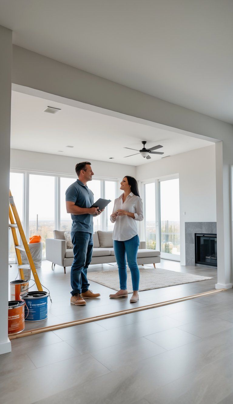 A contractor and homeowner reviewing final details in a newly renovated living room with fresh paint and new furniture.