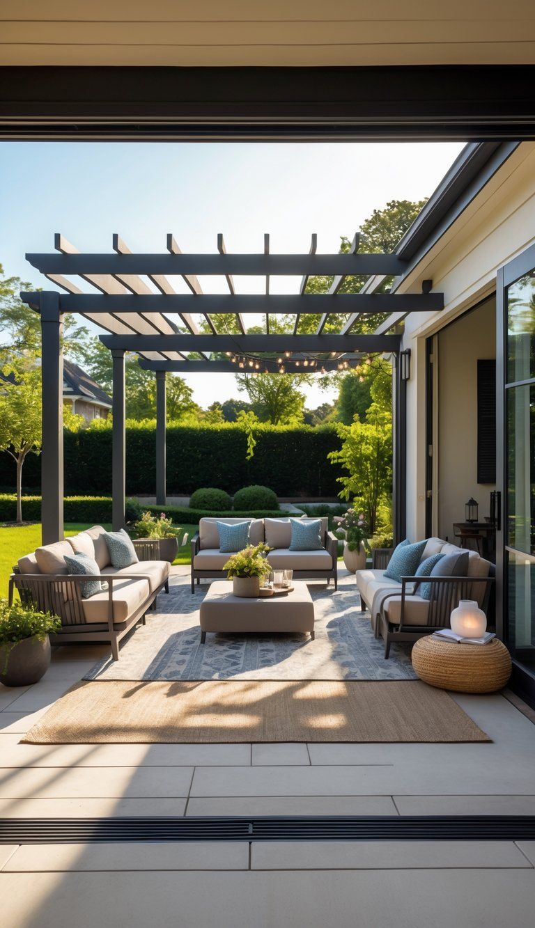 An outdoor patio connected to a house with comfortable seating, plants, and a pergola, surrounded by a garden.